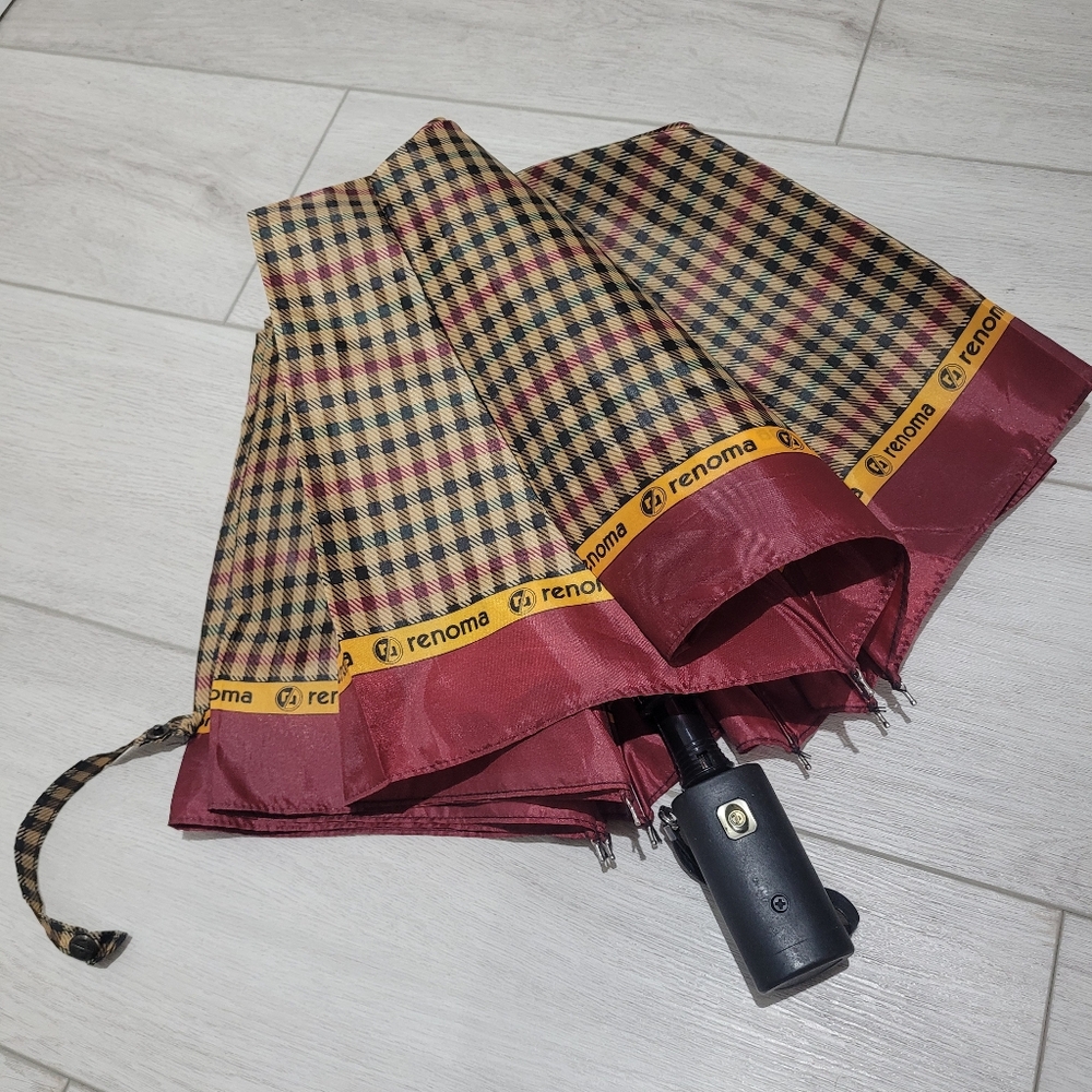 Renoma Paris Vintage 80's Plaid Folding Umbrella French Designer Unisex Preppy